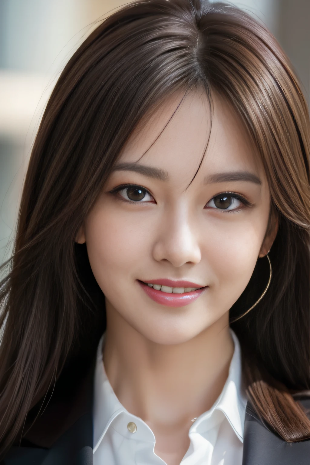 masutepiece, Best Quality, Photorealistic, Ultra-detailed, finely detail, High resolution, 8K Wallpaper, 1 beautiful woman,, light brown messy hair, in a business suit, foco nítido, Perfect dynamic composition, Beautiful detailed eyes, detailed hairs, Detailed realistic skin texture, Smiling, Close-up portrait, Model body type