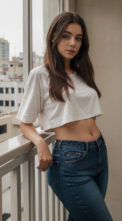 a 23-year-old Bolivian girl with ironed brown hair, piel clara, ojos claros, sonrisa delicada, estatura 1,60, senos medianos, cintura regular, cuerpo delicado, vistiendo rjeans negros ajustados