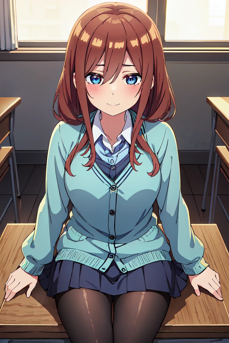 masutepiece, Best Quality, (Very detailed CG Unity 8K wallpaper) (Best Quality), (Best Illustration), (Best Shadows), Miku Nakano, Brown hair, Blue eyes, classroom, Beautiful detailed eyes, looking at viewer,((Blue Cardigan)),((very short green pleated miniskirt)),((Black pantyhose)),happy smile,pigeon toed, skirt lift by myself,full-face blush, showing panties