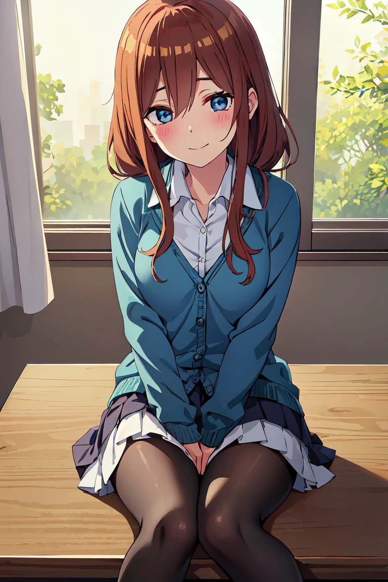 masutepiece, Best Quality, (Very detailed CG Unity 8K wallpaper) (Best Quality), (Best Illustration), (Best Shadows), Miku Nakano, Brown hair, Blue eyes, classroom, Beautiful detailed eyes, looking at viewer,((Blue Cardigan)),((very short green pleated miniskirt)),((Black pantyhose)),happy smile,pigeon toed, skirt lift by myself,full-face blush, showing panties