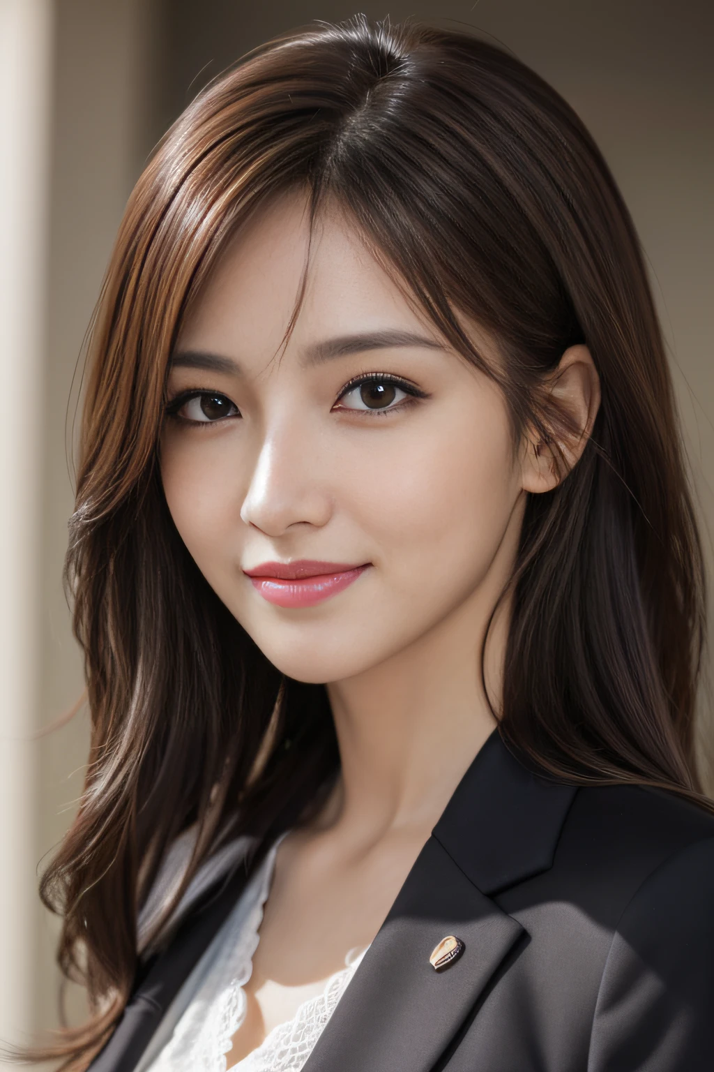 masutepiece, Best Quality, Photorealistic, Ultra-detailed, finely detail, High resolution, 8K Wallpaper, 1 beautiful woman,, light brown messy hair, in a business suit, foco nítido, Perfect dynamic composition, Beautiful detailed eyes, detailed hairs, Detailed realistic skin texture, Smiling, Close-up portrait, Model body type