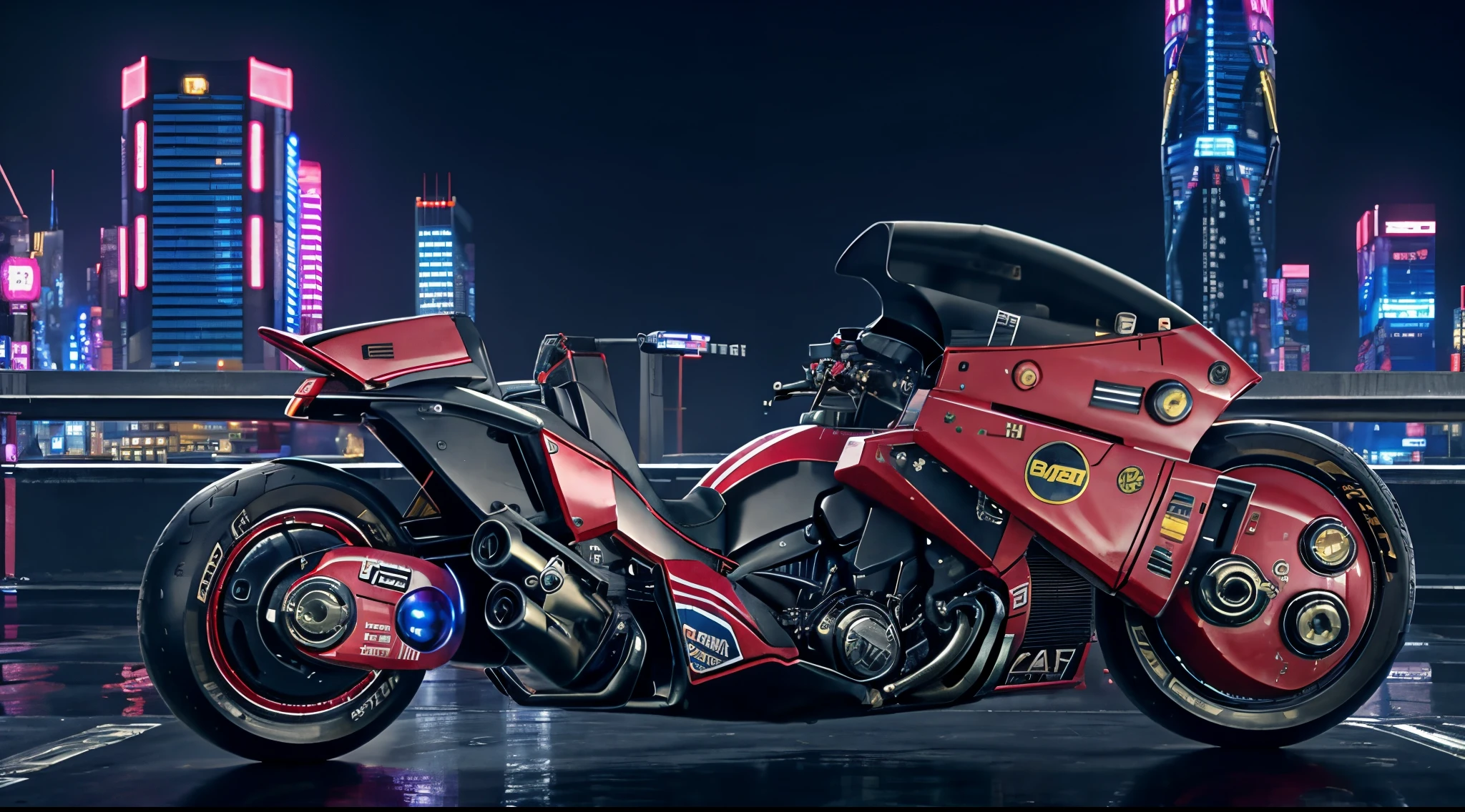official art, unity 8k wallpaper, ultra detailed, beautiful and aesthetic, masterpiece, best quality, realist, long hair, black hair, akirabike red, cycling, night, cyberpunk city view, epic screen, cyberpunk uniform,