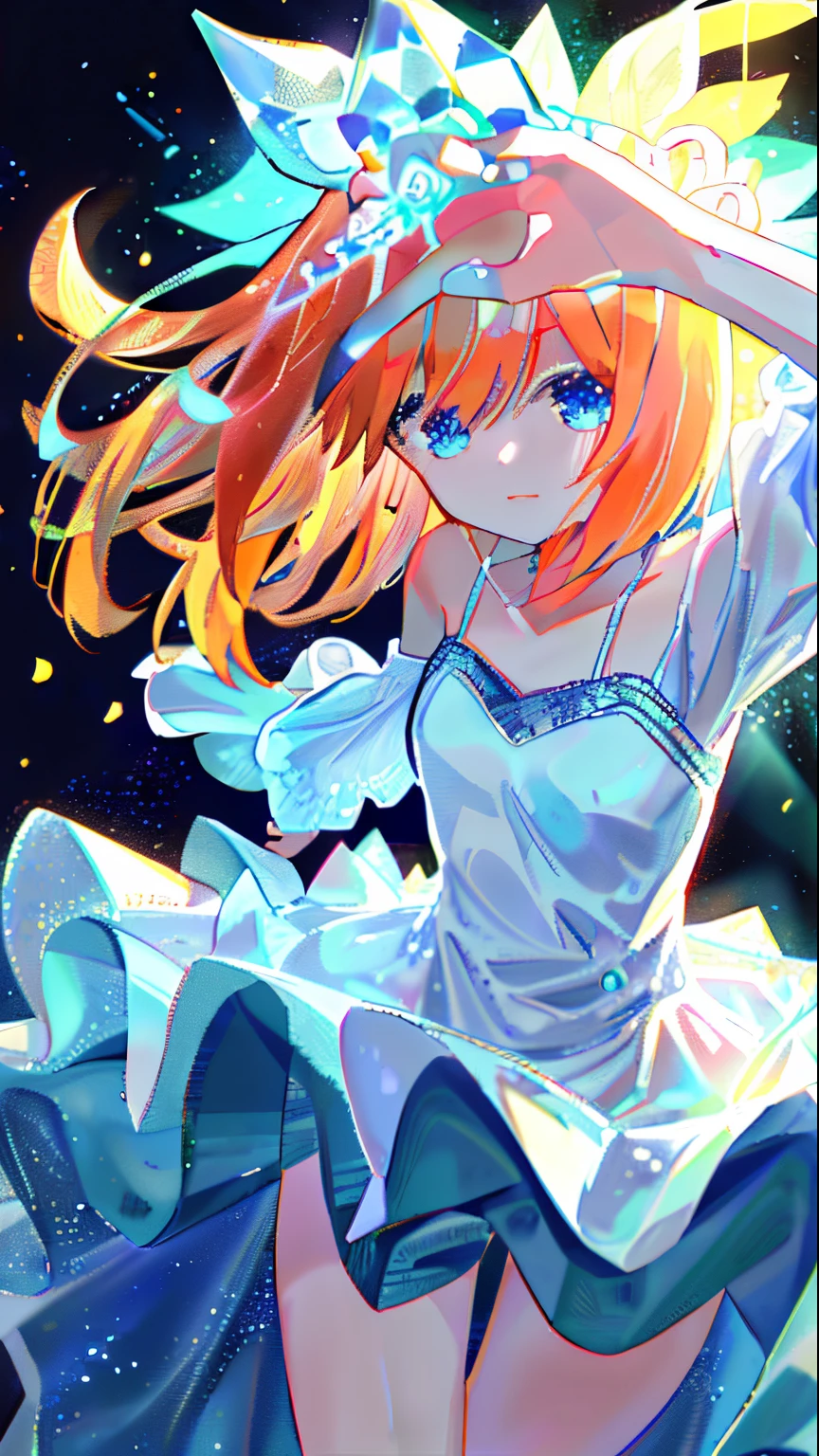 masterpiece, best quality, illustration, sax blue, platinum, white dress, 1girl, cute, (dynamic lighting:1.2), cinematic lighting, delicate facial features, detailed eyes, sharp pupils, realistic pupils, depth of field, bokeh, sharp focus, (hyper-detailed, bloom, glow:1.4), many small gems, crystal, yotsuba nakano, pretty teenage girl with orange shoulder length hair, aayotsuba, Nakano Yotsuba from The Quintessential Quintuplets, Yotsuba Nakano, masterpiece, 4k, ultradetailed, cowboy shot, nakano yotsuba, shoulder length straight orange hair, sparkling blue eyes