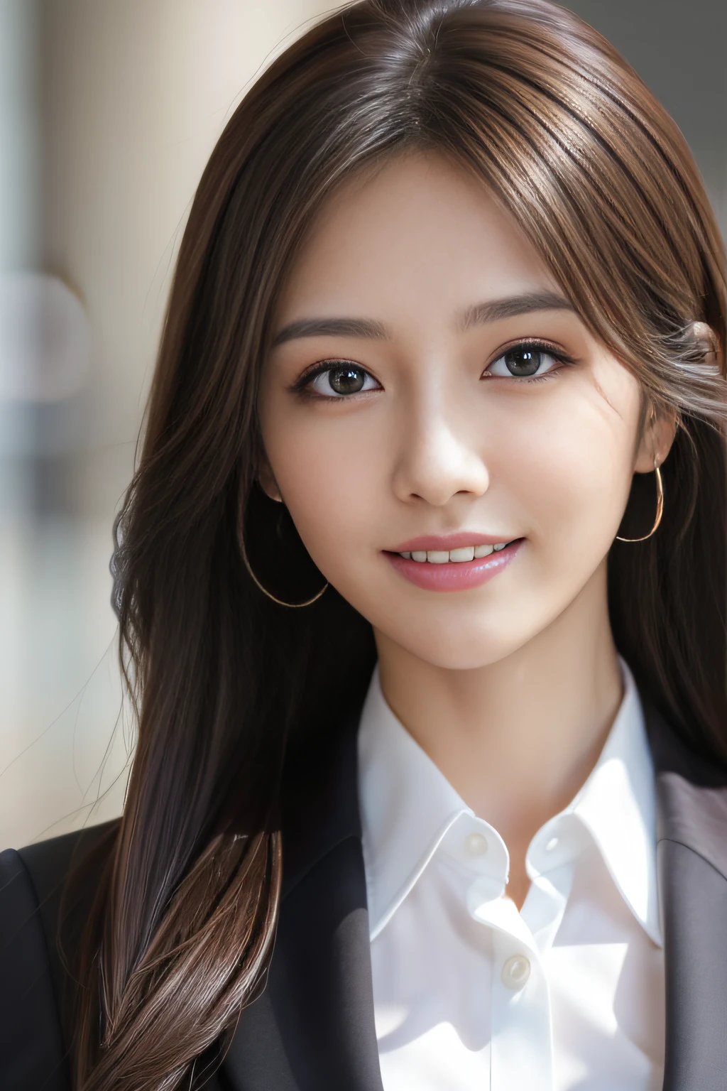 masutepiece, Best Quality, Photorealistic, Ultra-detailed, finely detail, High resolution, 8K Wallpaper, 1 beautiful woman,, light brown messy hair, in a business suit, foco nítido, Perfect dynamic composition, Beautiful detailed eyes, detailed hairs, Detailed realistic skin texture, Smiling, Close-up portrait, Model body type