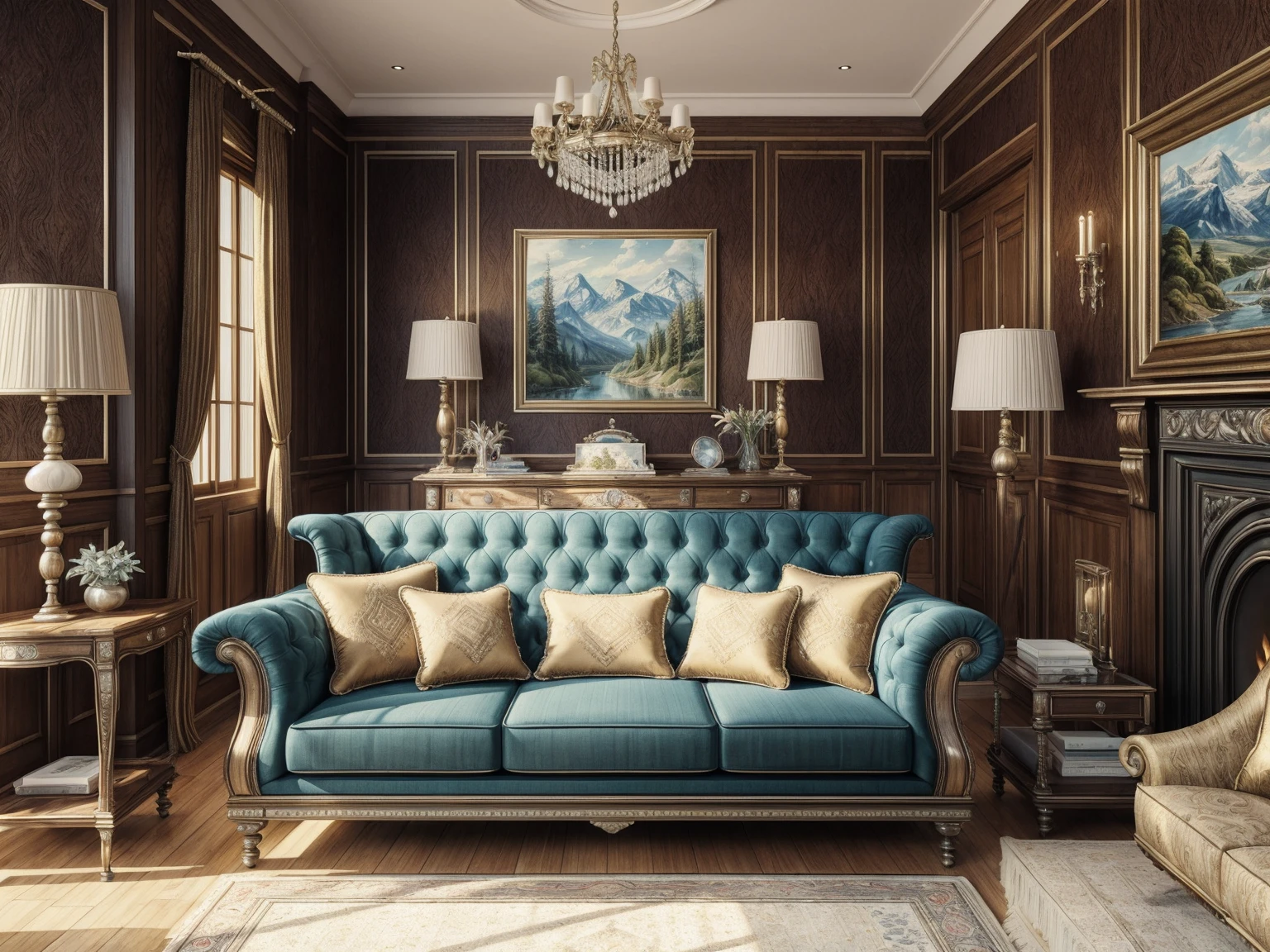 ((best quality)), ((masterpiece)), ((realistic)), (detailed), (photorealistic:1.5); living room; Highly detailed; Higher resolution textures; wall panels; Malaysian TEAK wood; Chesterfield sofa; Two floor lamps on either side of sofa; Detailed sofa; Floor lamp with perfect detailing; 3000 Kelvin Lighting, Painting on wall, painting of mountains; highly detailed painting; masterpiece painting; wide angle fov, night time render; perfectly detailed table lamp; perfectly detailed side table; highly detailed sofa fabric; perfect detailing on sofa; Perfect stitching, Perfectly detailed chandelier with detailed crystals; detailed fireplace; detailed cushions; detailed stitching on sofa; Highly detailed furniture ;4K render