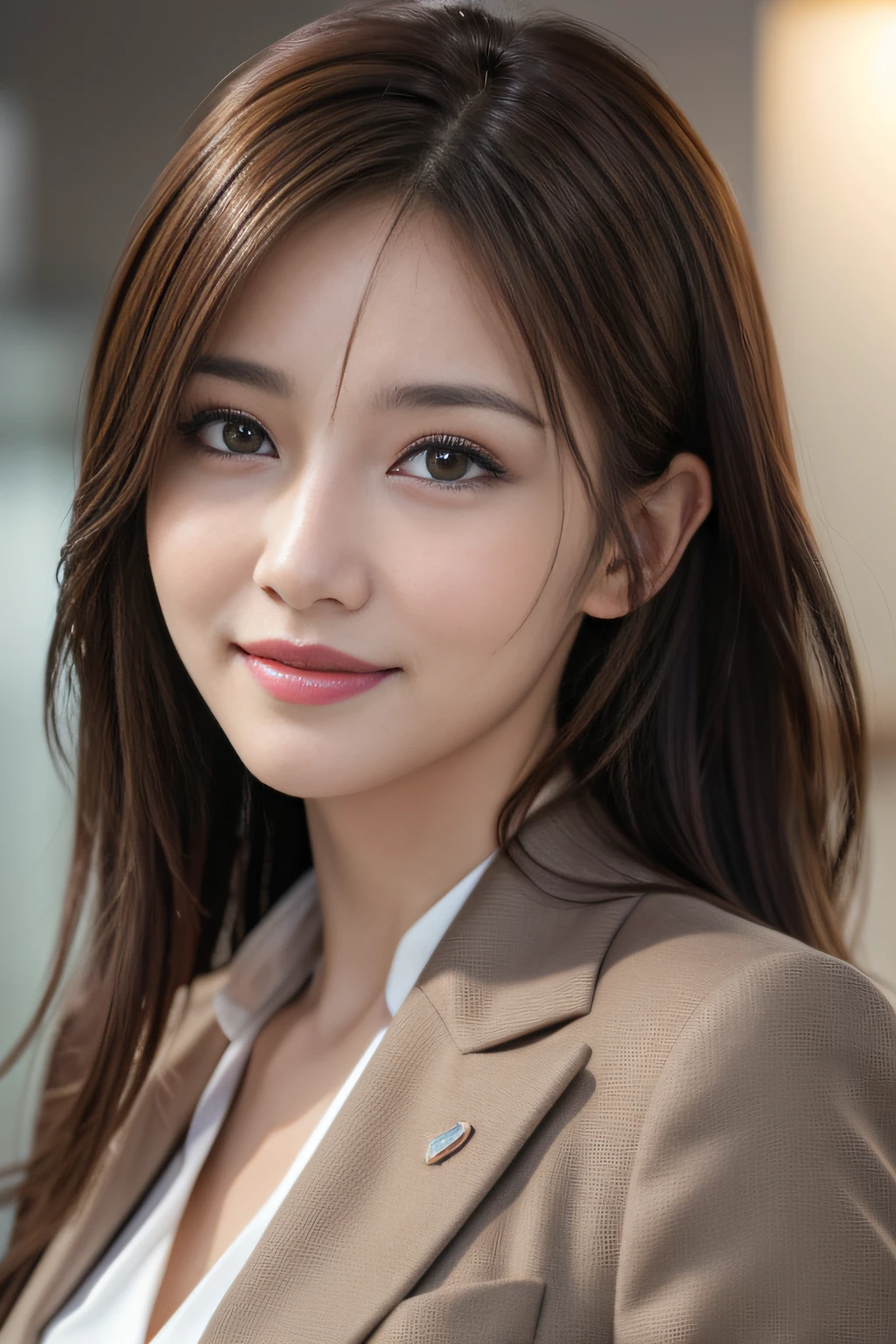 masutepiece, Best Quality, Photorealistic, Ultra-detailed, finely detail, High resolution, 8K Wallpaper, 1 beautiful woman,, light brown messy hair, in a business suit, foco nítido, Perfect dynamic composition, Beautiful detailed eyes, detailed hairs, Detailed realistic skin texture, Smiling, Close-up portrait, Model body type
