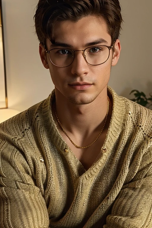 20-year-old male, Sweaters, chest muscle, Gold-framed glasses