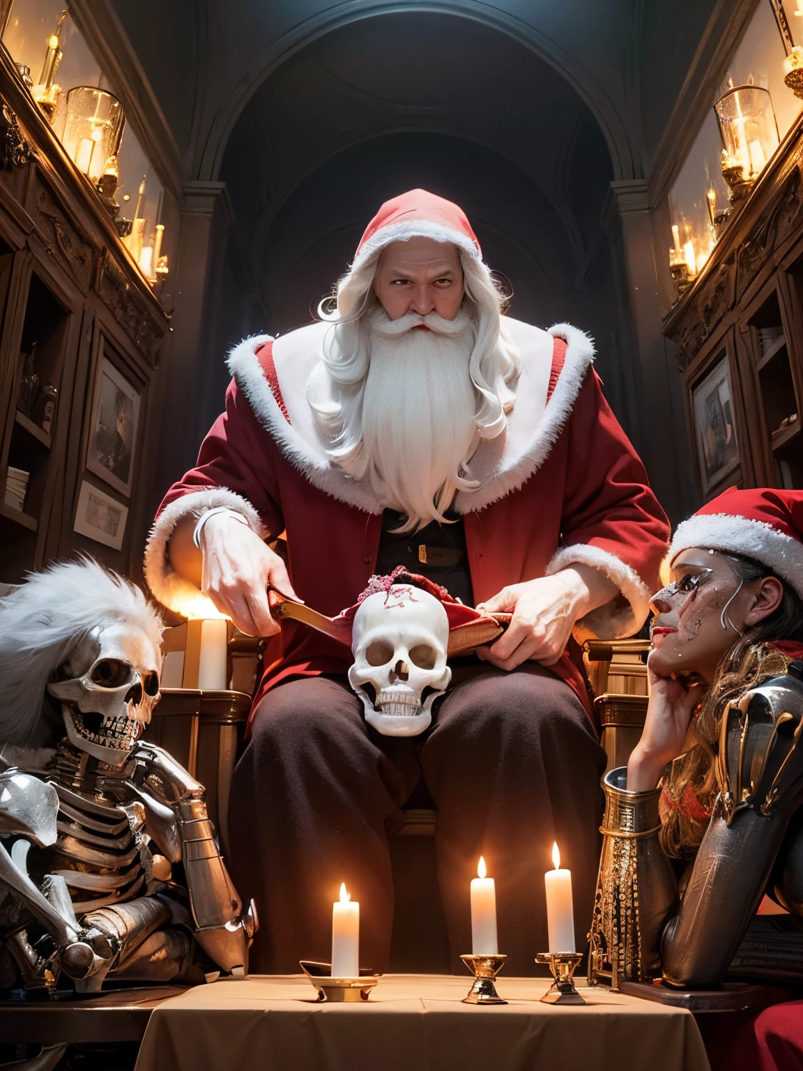 concept-art、❴skeleton and santa claus❵、Demonic、evil depiction、evil composition、Magnificent worldview、A depiction that shakes the viewer、Masterpiece、8K