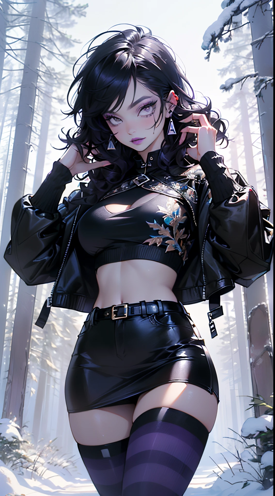 goth girl,1girl,((extremely cute and beautiful black haired anime goth girl)),(((16 years old))),(large breasts:1.2),((((black wavy hair:1.35,absurdly long unkempt hair,messy hair,colored inner hair,ear breathing)))),((heterochromia:1.5, (purple_eye and red_eye))),intricate eyes,beautiful detailed eyes,symmetrical eyes,Big eyes:1.5,((fat)),(((lustrous skin:1.5,bright skin: 1.5,skin tanned,shiny skin,very shiny skin,shiny body,plastic glitter skin,exaggerated shiny skin,illuminated skin))),(spider lower abdomen,narrow waist,wide hip,athletic body,inflated legs,thick thighs,detailed body,(detailed face)),

cute,slutty,seductive,erotic,(nsfw),

zettai ryouiki,revealing clothing,show skin,((printed T-shirt:1.3),(navel))),((black leather crop jacket:1.3)),(((micro skirt:1.5,black thong)))),((purple striped tights:1.5)),(((Black Eyeshadow,Thick Black Eyeliner,Long Dramatic Eyelashes,Black Lips,Goth Accessories,intricate makeup))),(((intricate outfit,intricate clothes,embroidered outfit,ornate outfit,embroidered clothes,ornate clothes))),

(dynamic pose:1.0),embarrassed,(centered,scale to fit dimensions,Rule of thirds),

((snowy pine forest)),winter,scenery:1.25,((intricate scenery)),((snow forest background)),Christmas tree,

(Glossy winter ornaments),highres,sharp focus,(ultra detailed,extremely detailed),(photorealistic artwork:1.37),(extremely detailed CG unity 8k wallpaper),(((vibrant colors,vibrant theme))),(intricate),(masterpiece),(best quality),