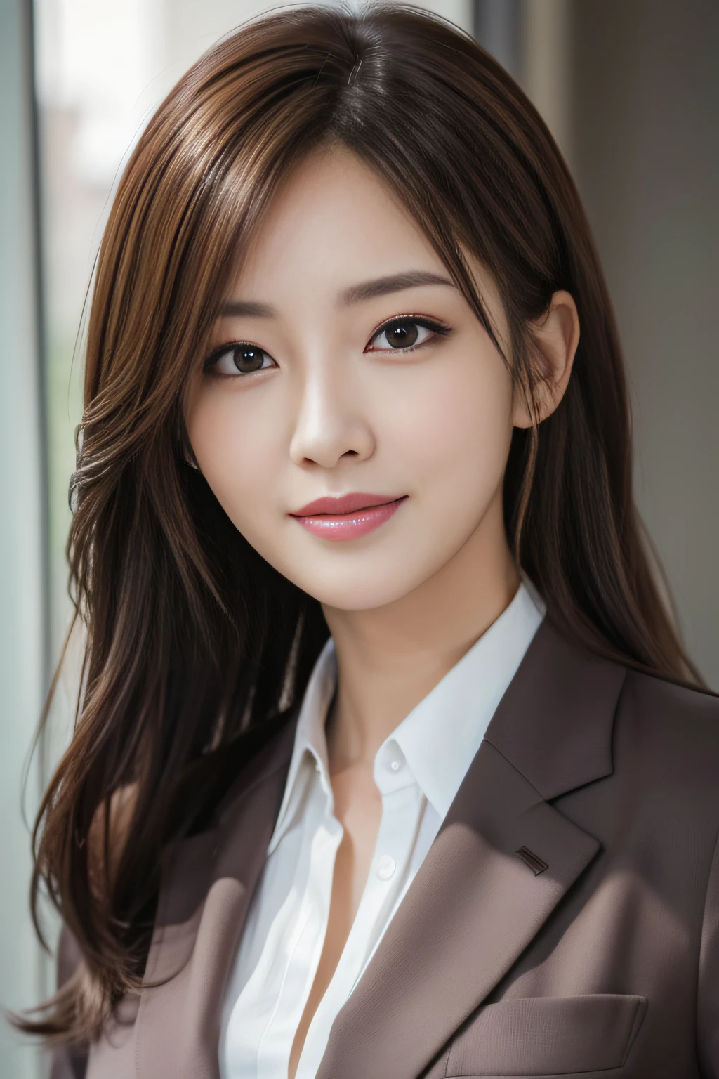 masutepiece, Best Quality, Photorealistic, Ultra-detailed, finely detail, High resolution, 8K Wallpaper, 1 beautiful woman,, light brown messy hair, in a business suit, foco nítido, Perfect dynamic composition, Beautiful detailed eyes, detailed hairs, Detailed realistic skin texture, Smiling, Close-up portrait, Model body type
