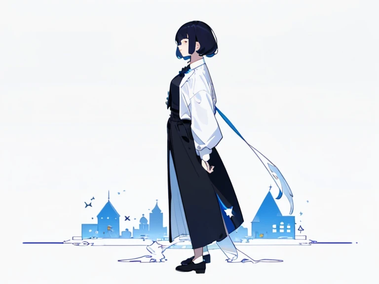 ((Masterpiece)), (((Best Quality))), (Character design sheet, The same full-length character, front, side, backboollustartion,environment change, City Pose, woman's, Shirt Shangyi, Stars, charturnbetalora, ( Background, whitebackground: 1.3) ,--6, mortician
