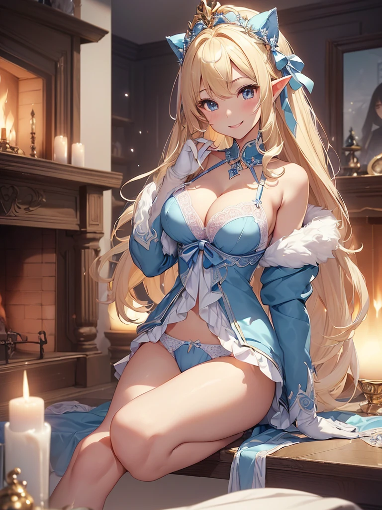 top-quality、Top image quality、masterpiece、Beautiful elf dressed in underwear((24 year old、Best Bust、big bast、Bust 90,beautiful blue long ironed hair、a blond、A slender、a closeup、hiquality、Beautiful Art、fireplace、Beautiful interior、masutepiece、visualart、depth of fields、、Elven ears、、light magic、、、Happy smile、Gentle light、、Beautiful legs that are gentle on the skin、welcome、、Number of fingers to achieve precise finger movements、gloves、ticker beautiful body、Mystical、クリスマス🎄🎅ルネサンスアート、Winters、snowflakes falling、inside in room、cleavage of the breast、sexly、The best smile、Underwear