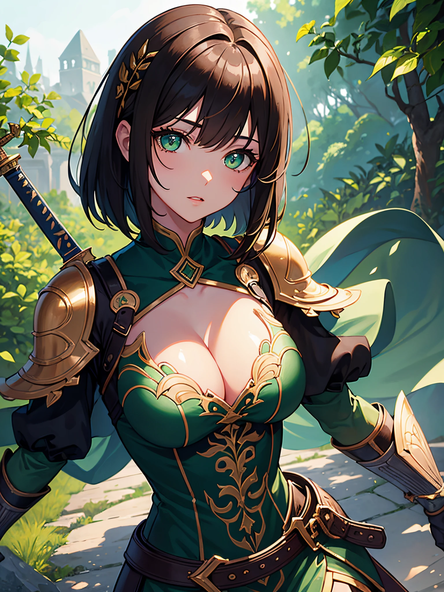 masterpiece, best quality, ultra detailed, illustration, 1 girl, dark brown hair, bob cut, large breast, green eyes, beautiful detailed eyes, delicate beautiful face, armored dress, outdoors, sword