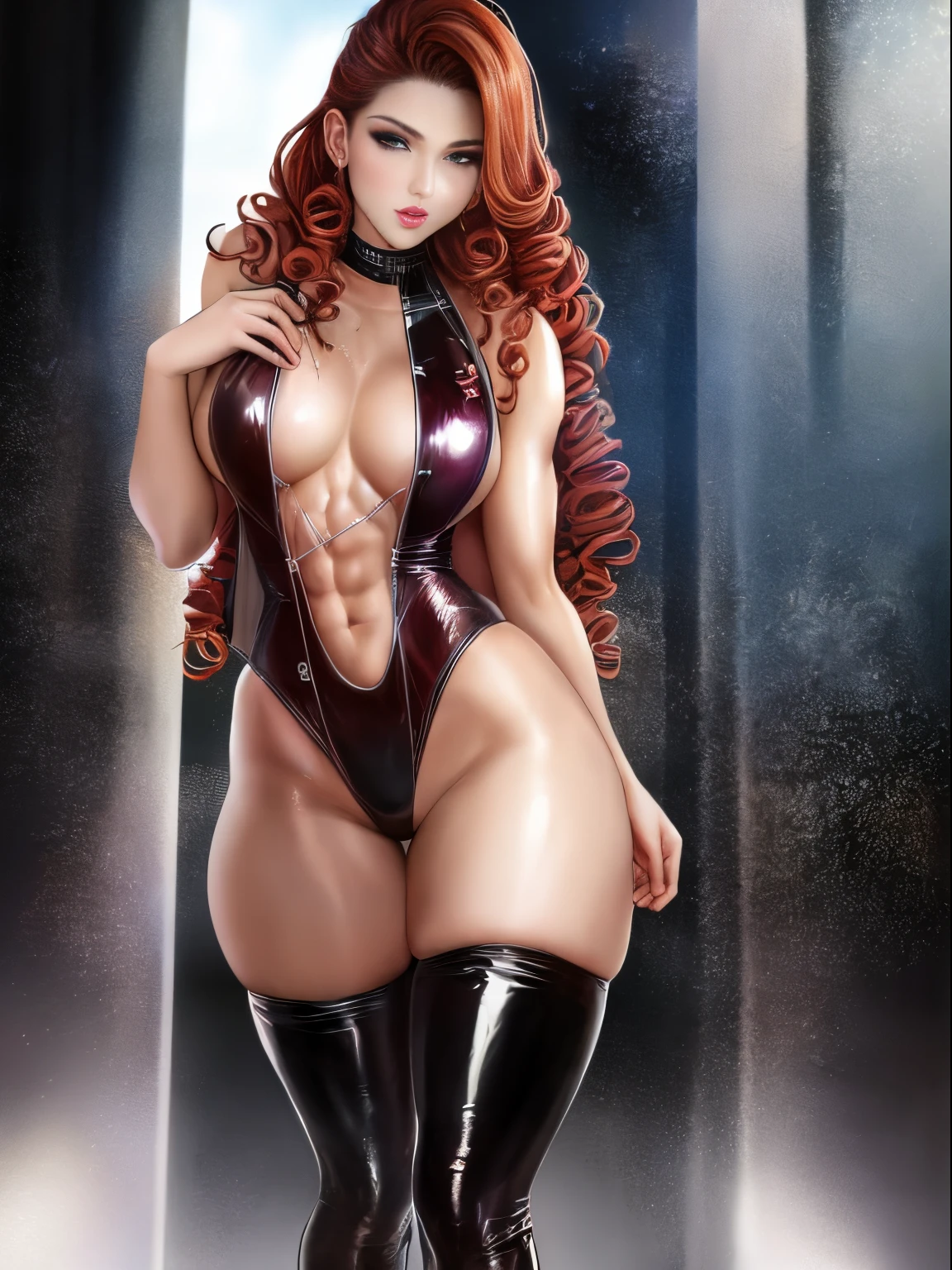 Realistic Huang Tingting, Exquisite fluffy red curly hair, Medium shot , delicate skin, Detailed body, musculous, Alone, Wear a Glitter Latex Glitter Leather Open Bust Bodysuit, Medium horoscope, Thigh thick, Wide hips, muscular arms, they have many, bulging veins in the body, vein, muscle veins, Abs, Thigh thick, eBlue eyes, Natural skin texture, Mini vest reveals slender abs, Skin glows, Skin glows, Wet skin, soaking, Skin glows, oilly skin, in the mediterranean, hight contrast, Realistic skin, skin pore, intricately details, with black background, hight contrast, Realistic skin, skin pore, intricately details, RAW photogr, , glossy lips, lusciouslips, pretty nose, lifelike rendering, Immersive atmosphere, lightand shade contrast, Moody light, Perfect female body, Realistic skin, skin pore,miniskirt buttons,zippers,high-leg swimsuit,One-piece swimsuit,