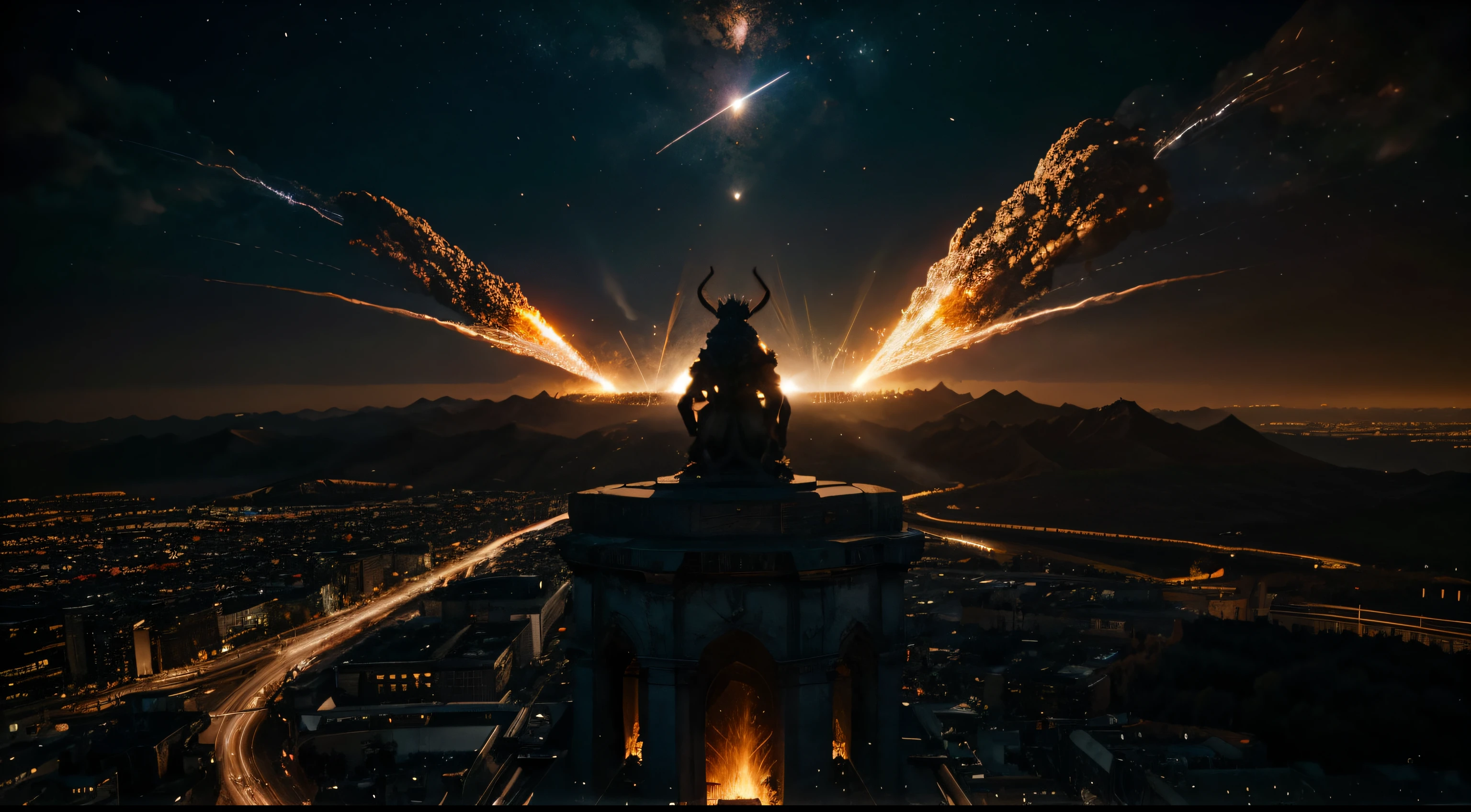 riesiger Wasserspeier, Above the city, filmisch, episch, Funken, Feuer, dawn, Viele Asteroiden fallen vom Himmel, Meteor, komet, Aufprall, riesige Explosion, Harmagedon,