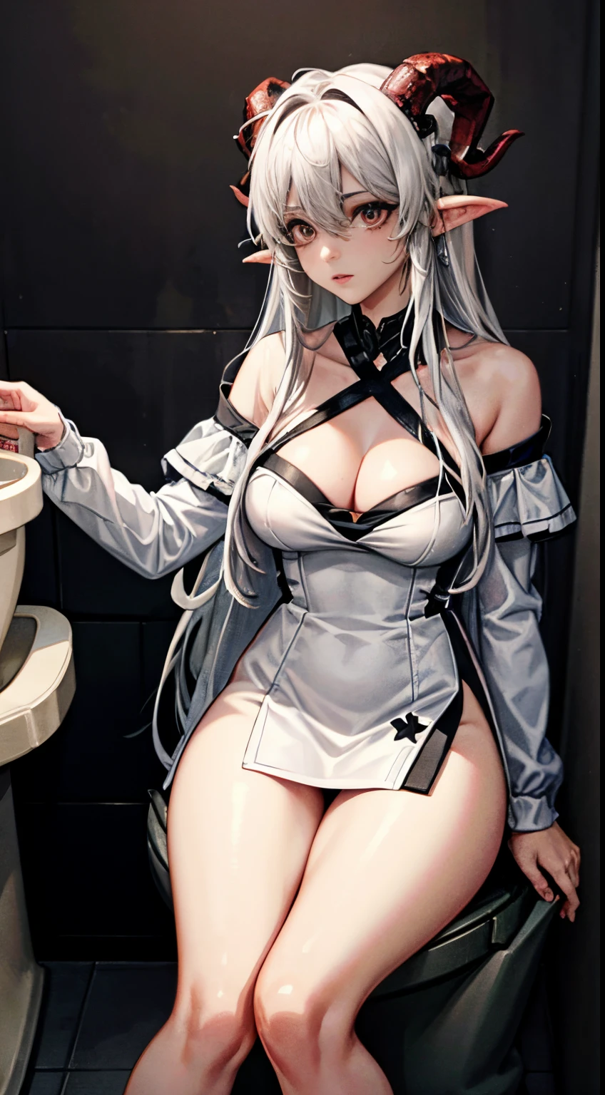 Dirty toilets in the park、Midnight hours、, Female demon with horns, Fire as a background, white color hair, Off-the-shoulder clothing, sexy dress, masutepiece, (high detailing:1.1), rough face, Seductive, Sexy Pose, Fashion Model Posing, Large breasts, Natural Skin, High quality, NSFW, Beautiful eyes, (Detailed face and eyes), (faces: 1 2), noise, extra, Real Photographics, .PSD, lamp film photography, Sharp Focus, Contrast lighting, Delicate skin, High resolution 8K, insanely detaileda, Realistic lies, professional photoshoot, 8K UHD, SLR camera, Soft lighting, hightquality, film grains, FujifilmXT3、shadings、
