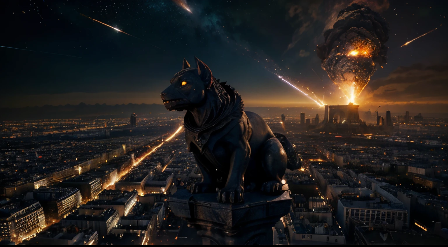 gargoyle, above paris, heaven, cinematic, episch, sparks, fire, dawn, many asteroids falling from the sky, meteor, komet, impact, giant explosion, armageddon,