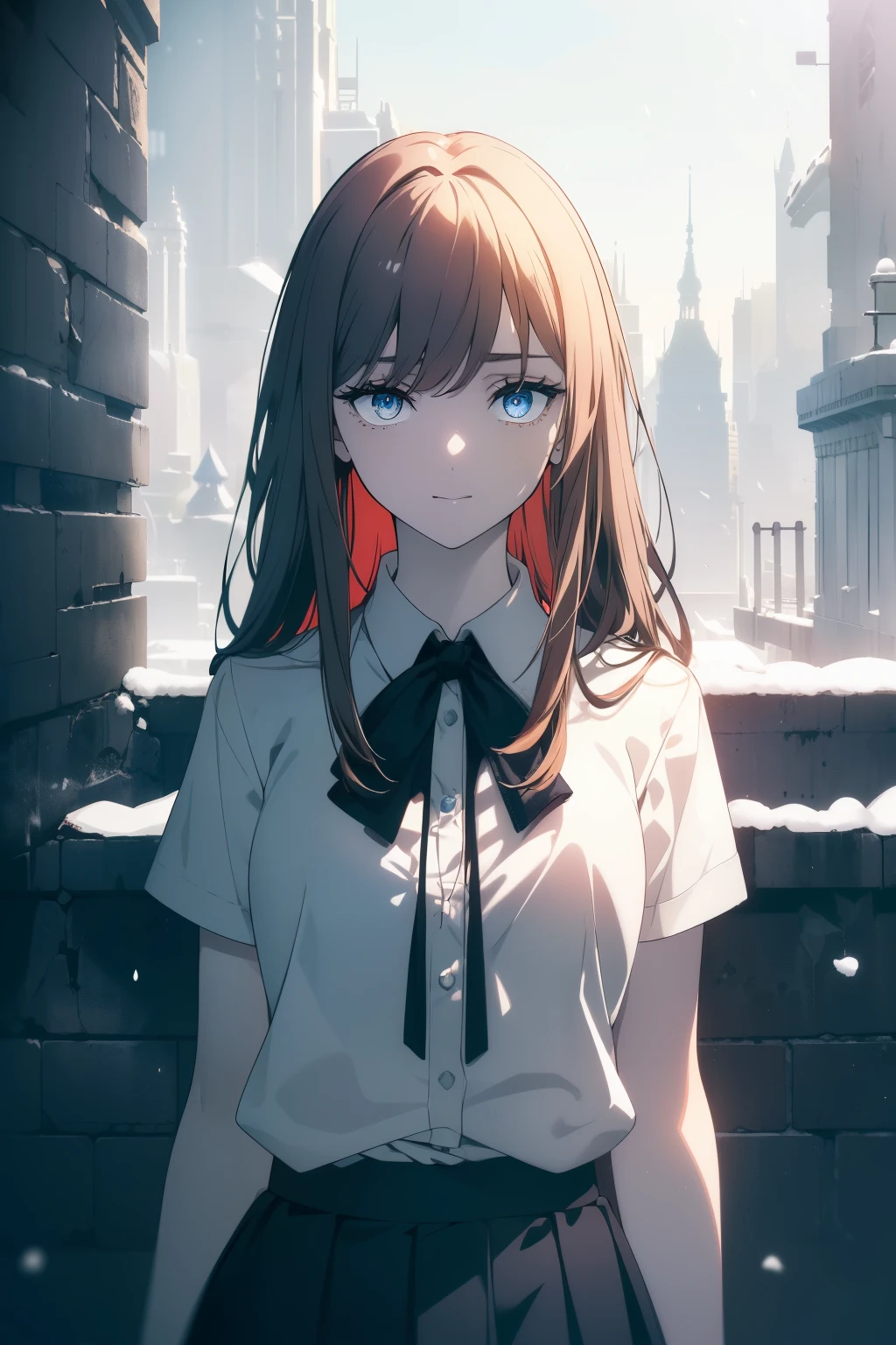 (Obra maestra, La mejor calidad, ultrahigh resolution), 1girl, standing, school uniform, white office shirt, black pleated skirt, ((light brown, light brown hair:0.7), long hair cut, pale skin, ((blue eyes)), glowing_eyes, neon eyes, (ultra detailed eyes, beautiful and detailed face, detailed eyes), ((centered)), smile, ((wide shot)), facing viewer, eye level, (blurry background, bright snowy background, winter), flat chested, looking at viewer, ((half closed eyes)), ((perfect hands)), (((head, arms, hips, elbows, in view))), ((hands behind back)), empty eyes, beautiful lighting, outside, outdoors, background, defined subject, 25 years old,