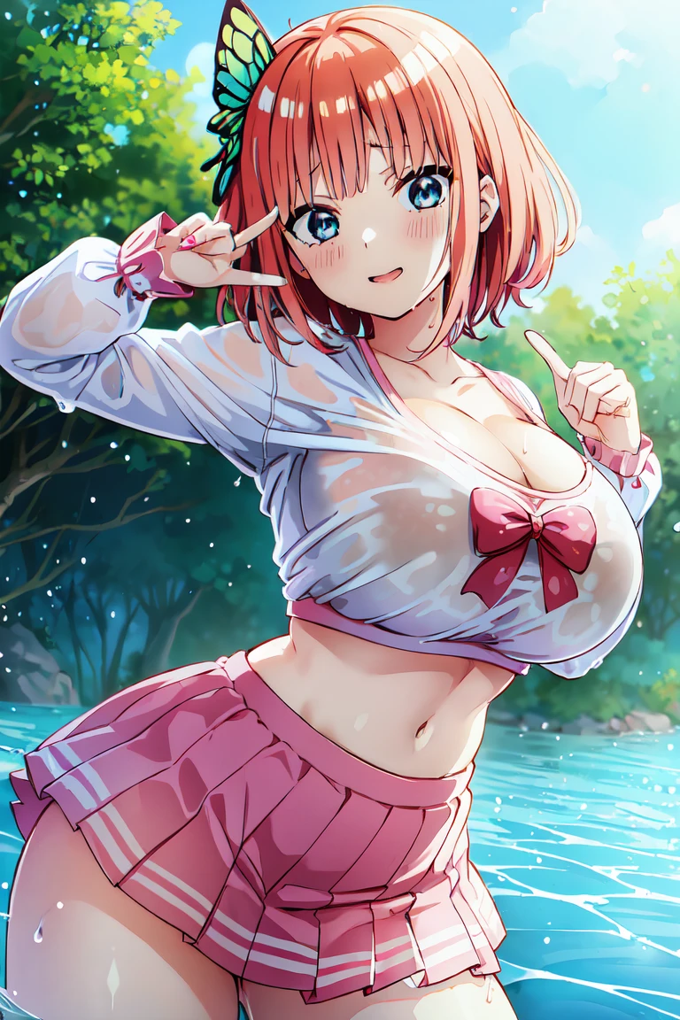 Nakano Nino、A pink-haired、huge tit、butterfly hair ornament、huge tit、cleavage of the breast、white  shirt、pleatedskirt、Green skirt、(erotic posing:1.4),Wet wet clothes,5-Fingers