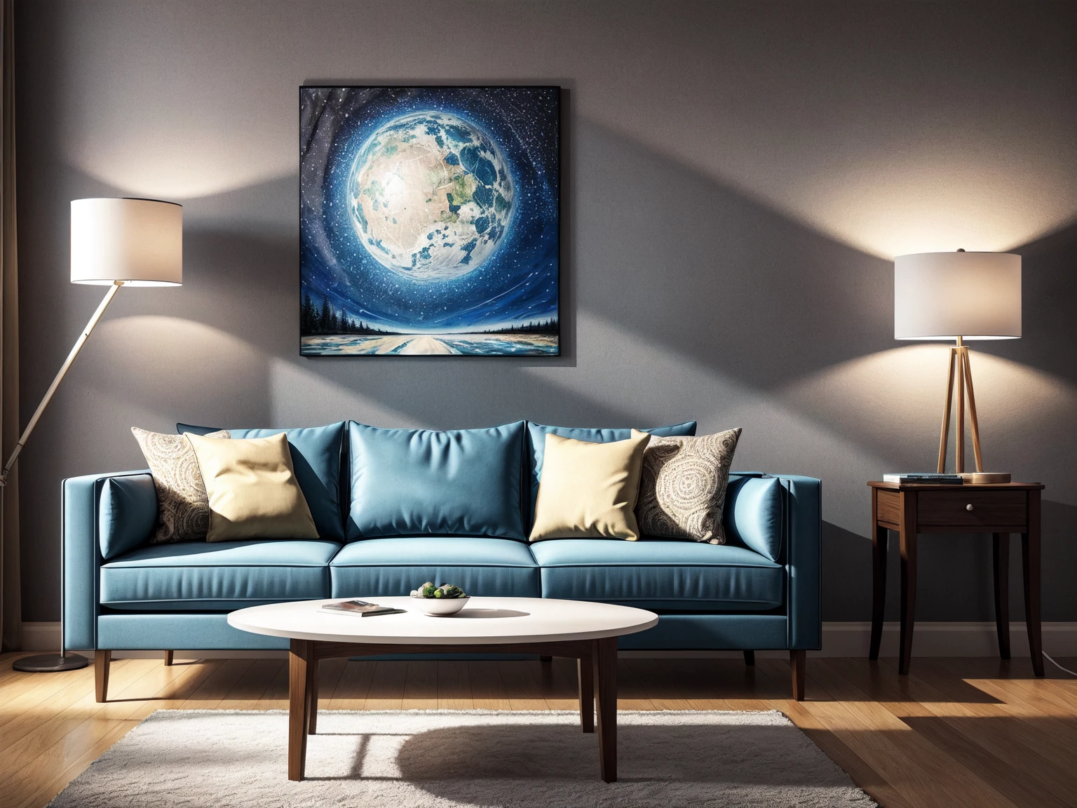 ((best quality)), ((masterpiece)), ((realistic)), (detailed), (photorealistic:1.5); Modern living room; Highly detailed; Higher resolution textures; wall panels; Detailed sofa; Floor lamp with perfect detailing; 3000 Kelvin Lighting, Painting on wall, highly detailed painting; masterpiece painting; wide angle fov, night time render; perfectly detailed table lamp; perfectly detailed Modern side table; highly detailed sofa fabric; perfect detailing on sofa; Perfect stitching, Perfectly detailed modern chandelier; detailed cushions; detailed stitching on sofa; Highly detailed furniture ;4K render; Photorealistic; Masterpiece