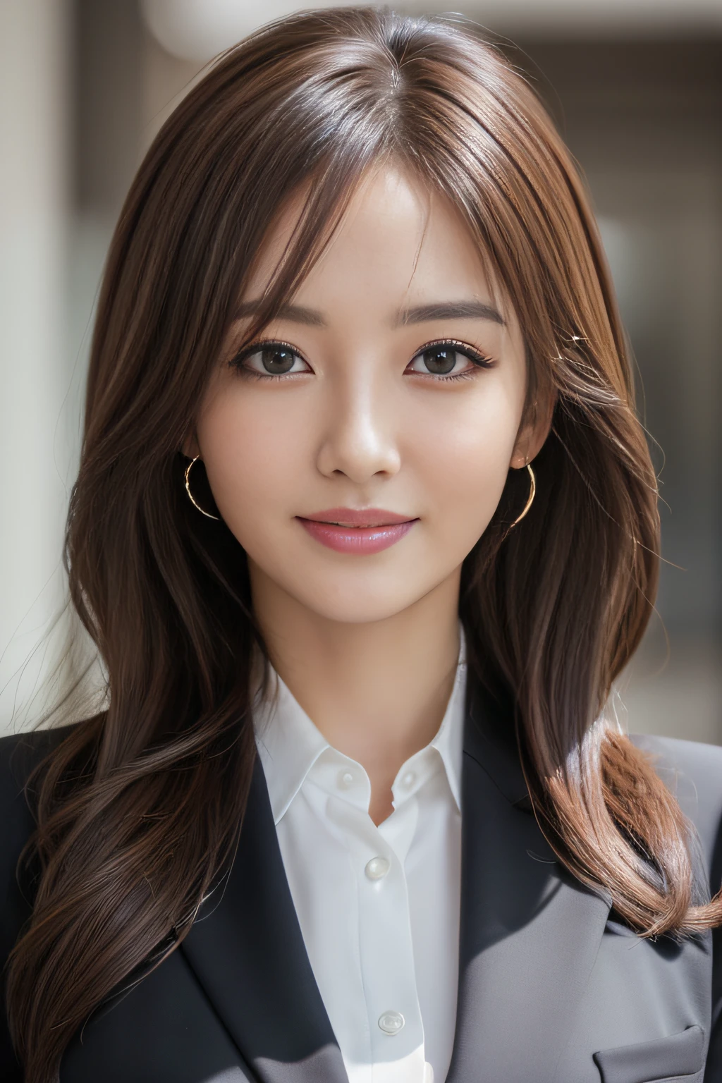 masutepiece, Best Quality, Photorealistic, Ultra-detailed, finely detail, High resolution, 8K Wallpaper, 1 beautiful woman,, light brown messy hair, in a business suit, foco nítido, Perfect dynamic composition, Beautiful detailed eyes, detailed hairs, Detailed realistic skin texture, Smiling, Close-up portrait, Model body type