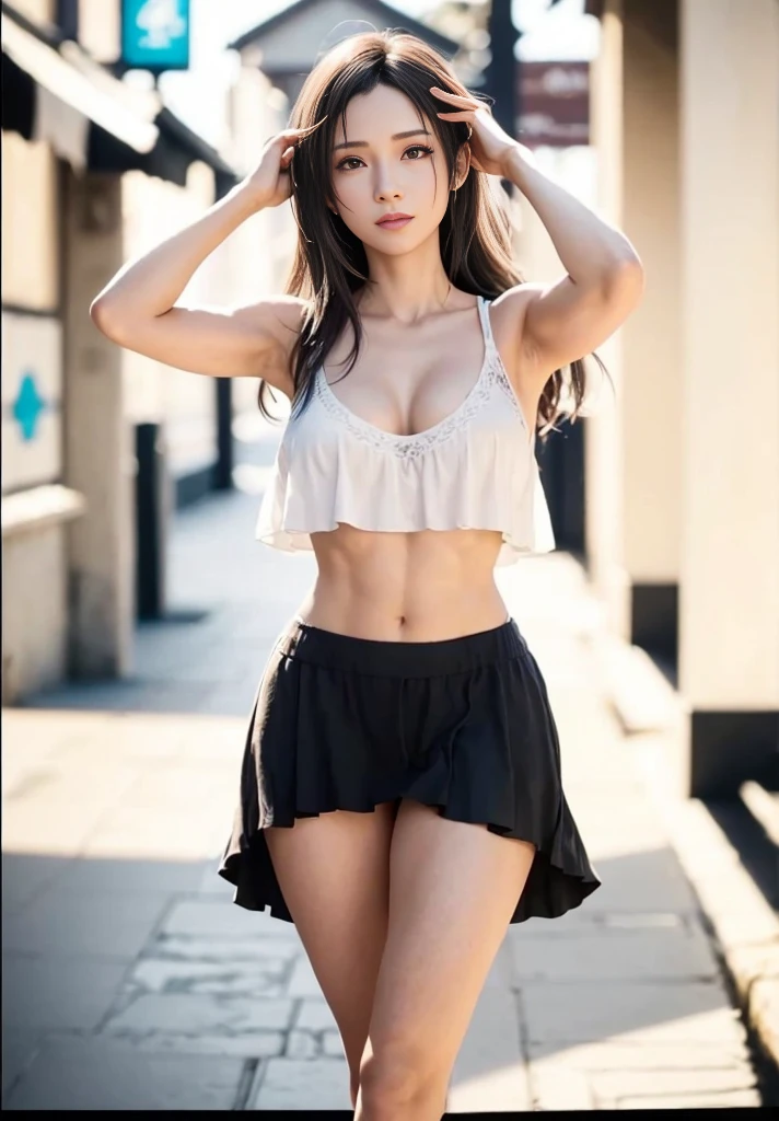 (best quality,ultra-detalhado),(Realistic:1.37),Tifa Lockhart, Rosto bonito e detalhado, maquiagem preta nos olhos, textura ultra realista, rosto delicado, corpo delicado, Fit physique, expression happy