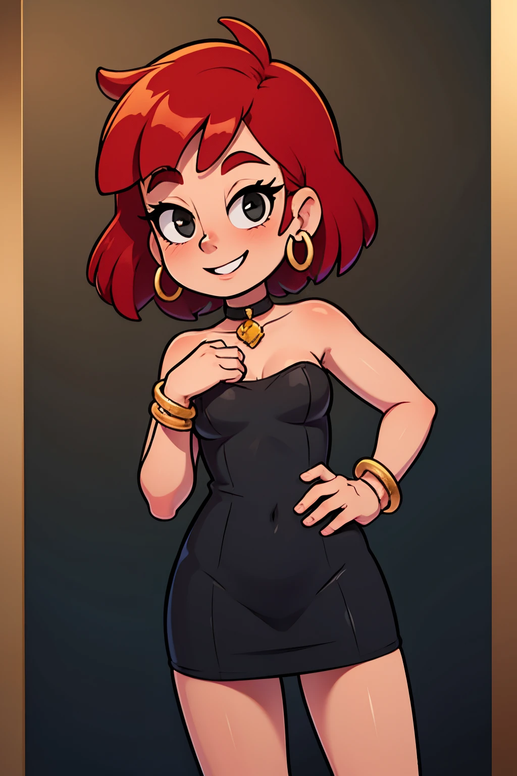 FrankieFoster, FostersStyle, 1 girl, age, short red hair, medium hair, bob hair, black eyes, smile, little black dress, strapless dress, bodycon skin-tight dress, choker, gold hoop earrings, gold bracelet, standing, hand on a hip, cowboy shot, flash lighting background.