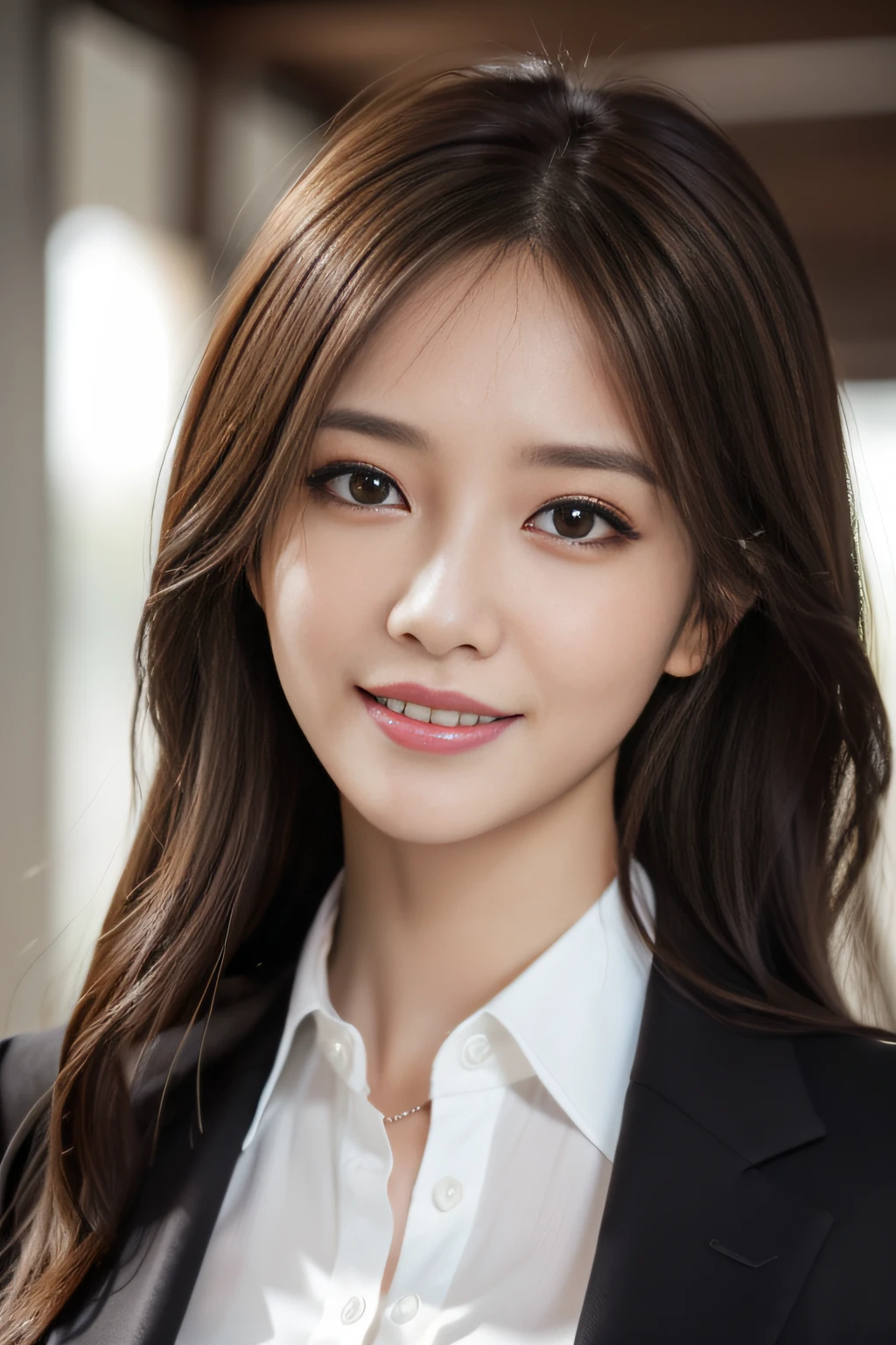 masutepiece, Best Quality, Photorealistic, Ultra-detailed, finely detail, High resolution, 8K Wallpaper, 1 beautiful woman,, light brown messy hair, in a business suit, foco nítido, Perfect dynamic composition, Beautiful detailed eyes, detailed hairs, Detailed realistic skin texture, Smiling, Close-up portrait, Model body type