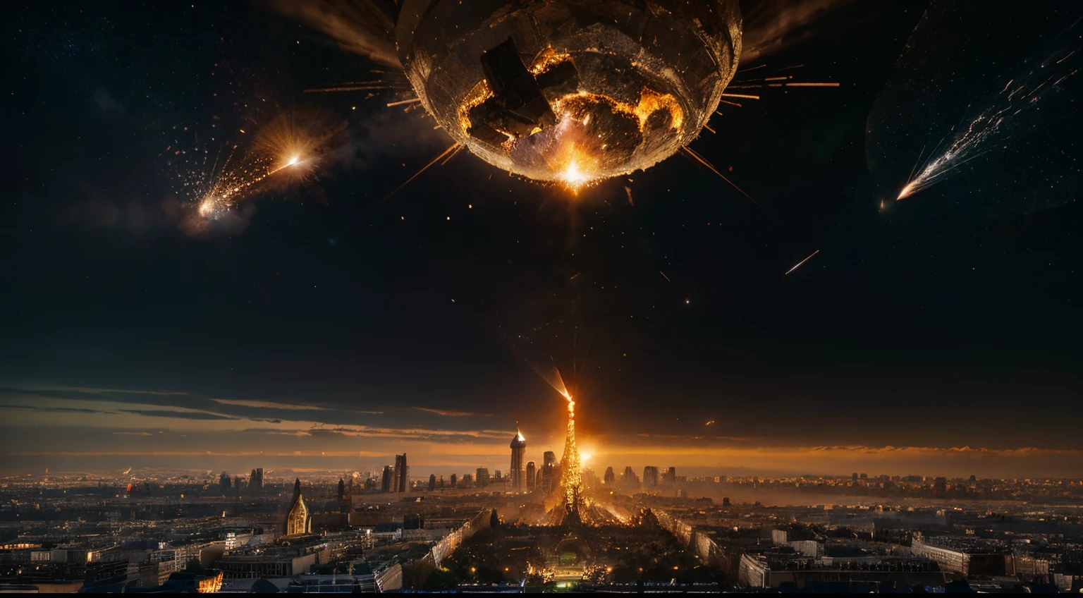 giant gargoyle, above paris, heaven, cinematic, episch, sparks, fire, dawn, many asteroids falling from the sky, meteor, komet, impact, giant explosion, armageddon,