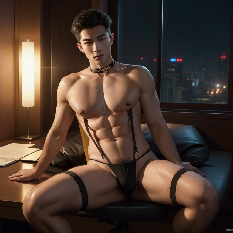 (night,night time,dim,dusky:1.2), ((sexy slutty whore)) ,Gay,(((very thigh micro string Thong))),Bulge,fortitude,In the office,Office,((tight Black stockings)),((sexy tight Suspenders)),liquids , k hd,artwork of a pornographic,underdressing , masculine characteristics , (((photorealistic))) , ((real men)) , nsfw , ((ultra realistic)) , (hyper realistic) , ((shirtless)),((pubic hair)) , full body, (only male) , (only men) , ((hairy chest), (super sexy men) ,(unreal engine) , (octane render , ultra-realistic , best quality , highly detail painting , super detail , dynamic angle , super-resolution , maxiumum clarity and sharpness , hdr) , (huge hips) ,(big nipples), (detail face) , (super sexy) , NSFW,full body shot,,best quality,extremely detailed, extremely detailed wallpaper, high resolution,(extremely detailed CG unity 8k wallpaper),(illustrations:1.3), (masterpiece:1.2), Extremely rich and detailed background,perfect anatomy,Perfect details , (handsome chinese man) , (sex choker)