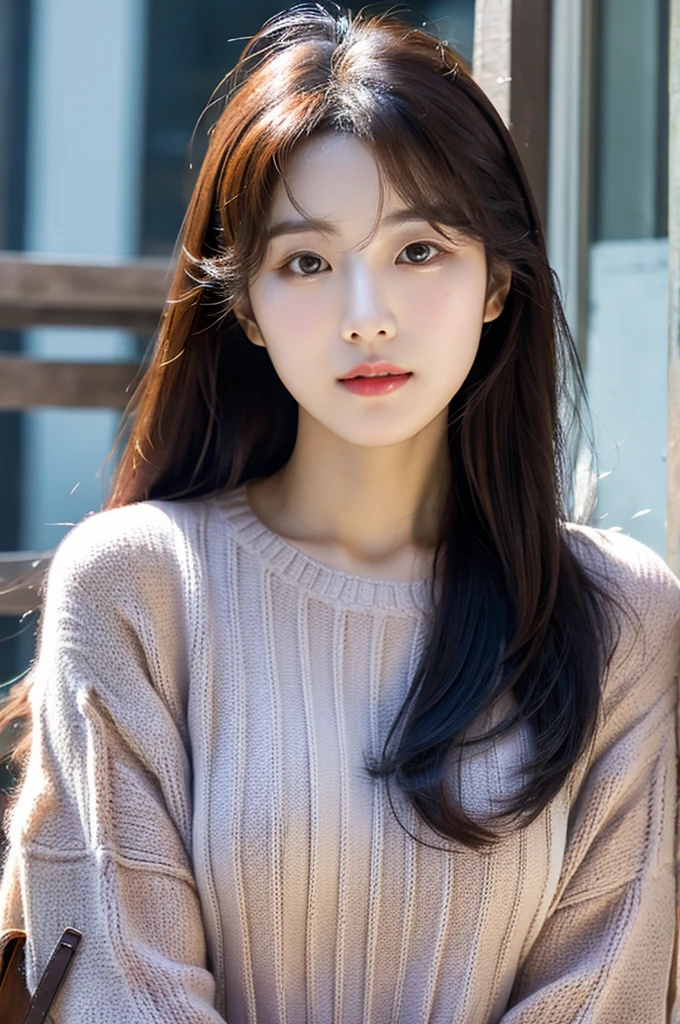 (1 cute Korean star) shoulder length hair, Thinning makeup, medium ????? size, Wearing a sweater, Clear Facial Features, 8K high resolution, edgy, realistic detailed.from outside, Eye-level shooting, f/4.0, 135mm, Fujifilm, jpeg artifacts, dithering, UHD, ​masterpiece, s whole body, Upper body body, correct posture, Future-proof, Facing Forward