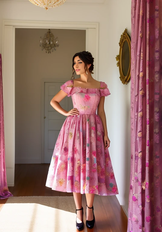 Arafed woman in a pink dress posing in a room., con vestido floral rosa, romantic dress, vestida con un vestido rosa, vestido florido, Vestido sin tirantes, Vestido cubierto completo, vestida con un vestido de flores, Dress Rococo style, Elegant corset, Vestido extravagante, lady with glowing flowers dress, vestido abierto, Doncella Rosen