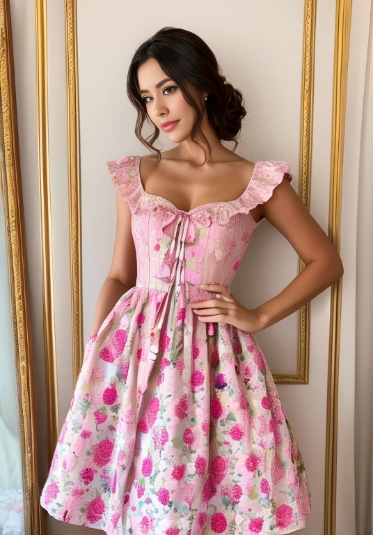 Arafed woman in a pink dress posing in a room., con vestido floral rosa, romantic dress, vestida con un vestido rosa, vestido florido, Vestido sin tirantes, Vestido cubierto completo, vestida con un vestido de flores, Dress Rococo style, Elegant corset, Vestido extravagante, lady with glowing flowers dress, vestido abierto, Doncella Rosen