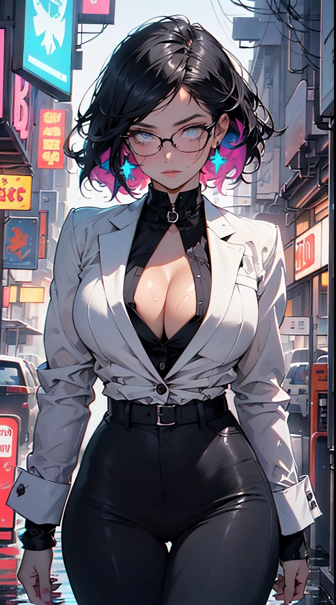 cute girl,(((1girl))),((girl with extremely cute and beautiful black hair)),
(large breasts:1.4),(((black hair:1.35,colored inner hair,ear breathing,large hair,tomboy haircut))),(((blue_eyes:1.3))),intricate eyes,beautiful detailed eyes,symmetrical eyes,((fat)),((lustrous skin:1.5,bright skin: 1.5,skin tanned,shiny skin,very shiny skin,shiny body,plastic glitter skin,exaggerated shiny skin,illuminated skin,wet legs))),(spider lower abdomen,narrow waist,wide hip,athletic body,inflated legs, thick thighs,detailed body,(detailed face)),
cute,slutty,seductive,erotic,(((nsfw))),
((((glasses)))),(((wearing white formal blazer,black formal pants,))),(((huge cleavage))),((wet clothes,intricate outfit,intricate clothes)),
(dynamic pose:1.0),solo focus,embarrassed,(centered,scale to fit dimensions,Rule of thirds),
cyberpunk city by the ocean at night, with bright neon signs and dark stormy clouds and puddles, scenery:1.25,nighttime, starry night, cosmos,Very dark night that makes the neon lights stand out, very bright neon lights,nighttime, starry night, cosmos,
artistic photography,(photography taken by sldr),highres, sharp focus, (ultra detailed, extremely detailed), (photorealistic artwork:1.37),(extremely detailed CG unity 8k wallpaper),((synthwave background theme)),(((vibrant colors))),(intricate background),(masterpiece),(best quality)