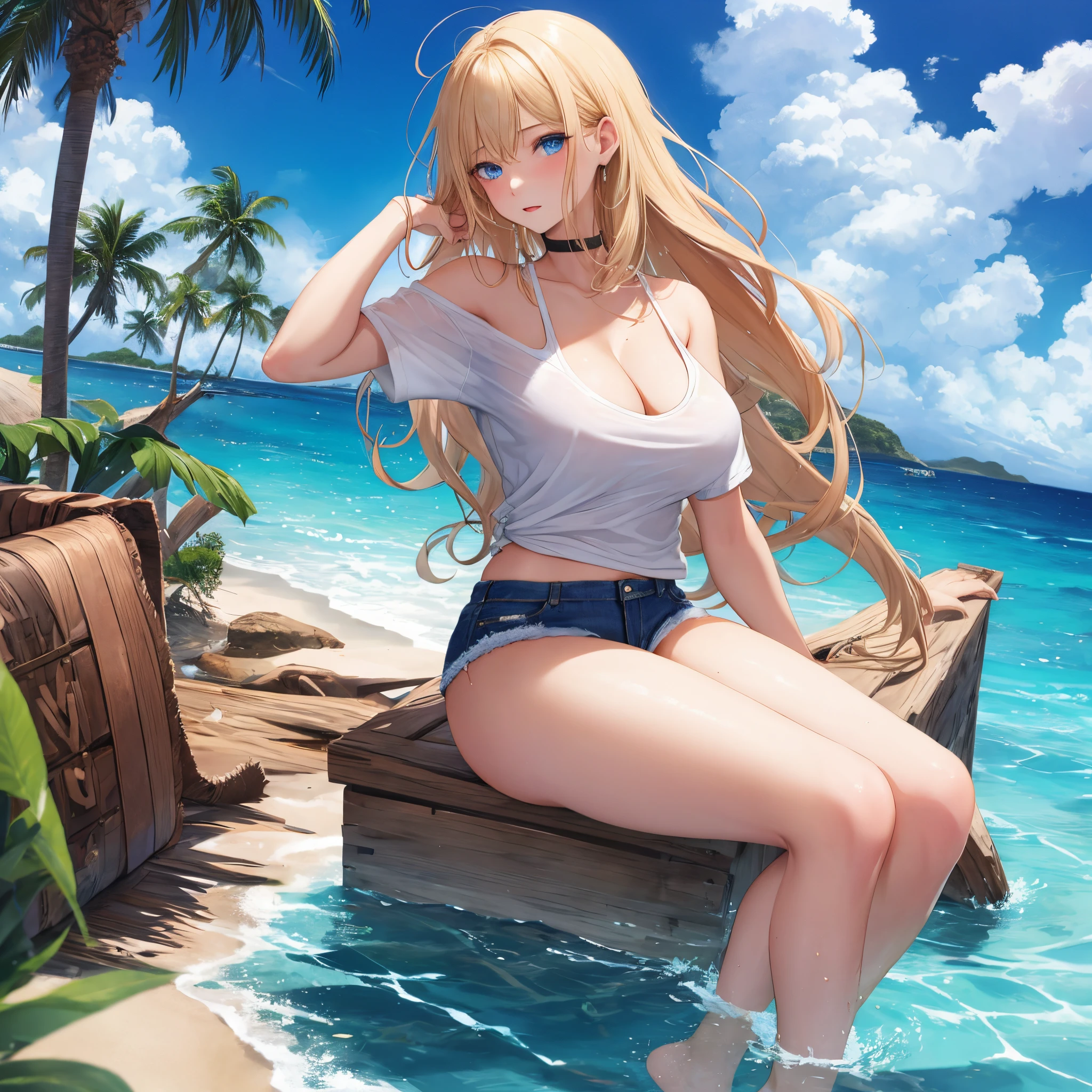 20 year old girl, blonde hair, beautiful blue eyes, large breasts and thick thighs, white t-shirt, jeans frayed at the knees, shipwrecked on a deserted paradise island, in the background the sinking ship, FullHD image, 8K