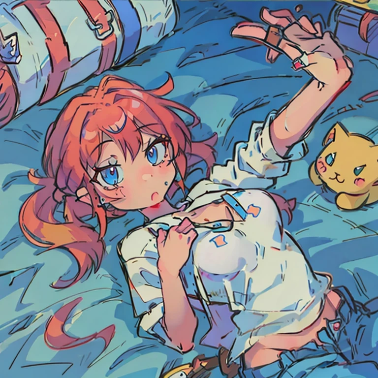 Anime cute girl red hair blue eyes piercings gaming