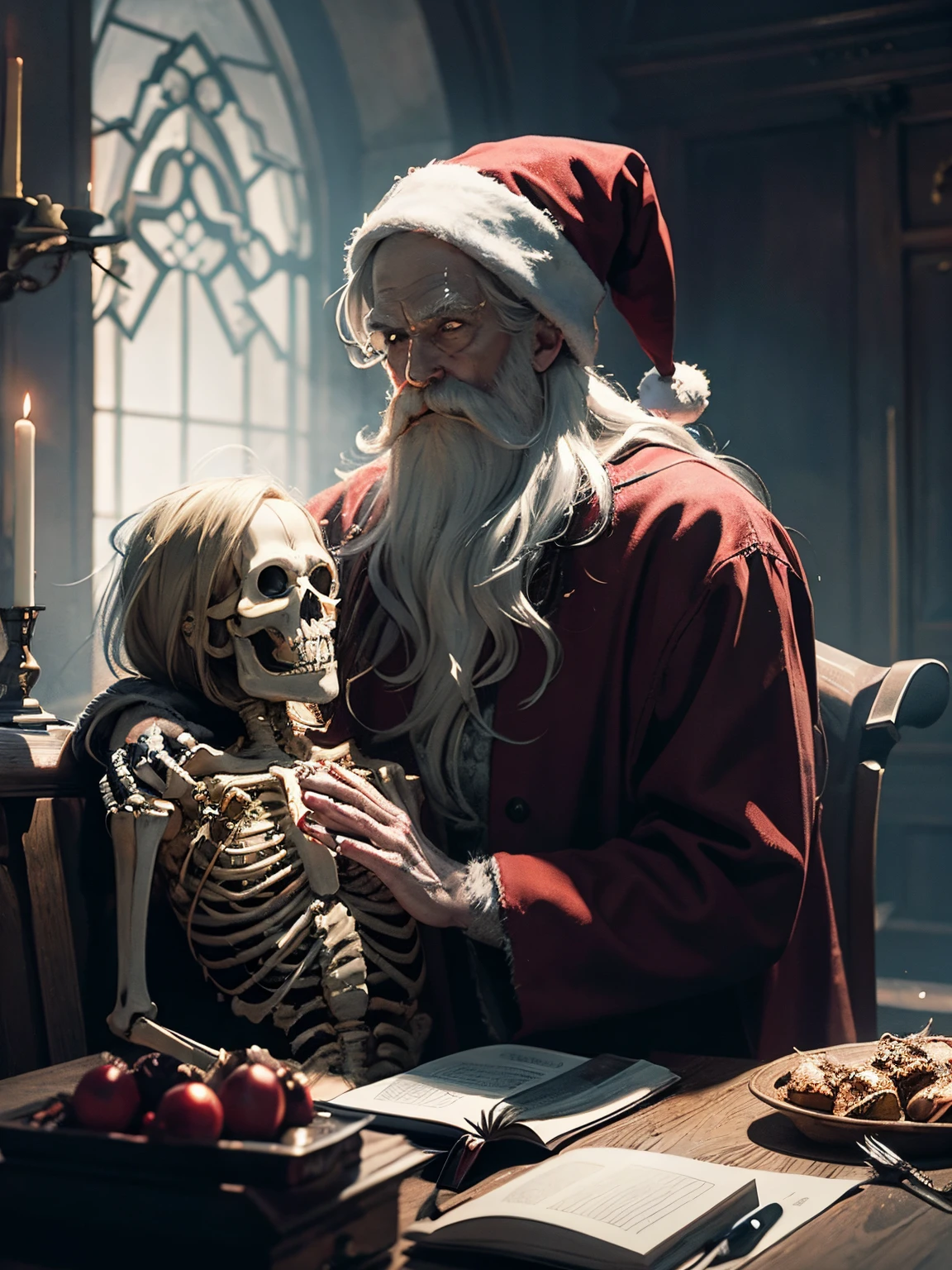 concept-art、❴skeleton and santa claus❵、Demonic、evil depiction、evil composition、Magnificent worldview、A depiction that shakes the viewer、Masterpiece、8K