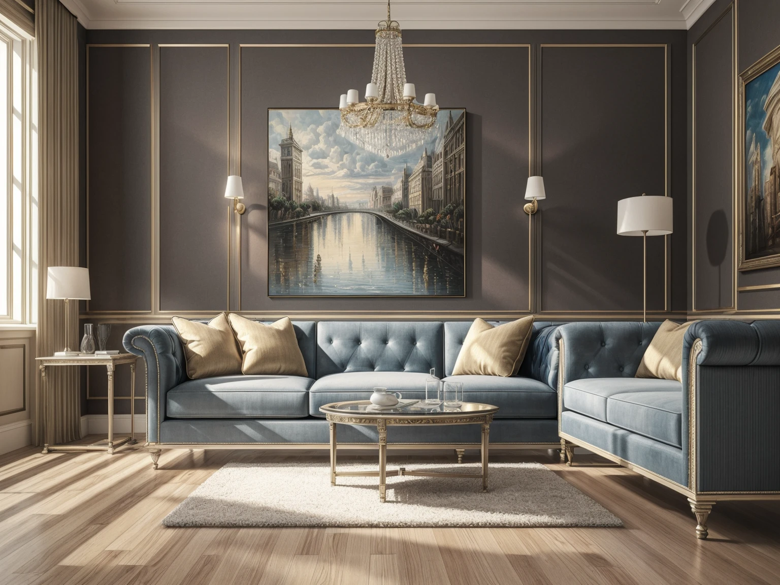 ((best quality)), ((masterpiece)), ((realistic)), (detailed), (photorealistic:1.5); Modern living room; Highly detailed; Higher resolution textures; wall panels; Detailed sofa; Floor lamp with perfect detailing; 3000 Kelvin Lighting, Painting on wall, highly detailed painting; masterpiece painting; wide angle fov, night time render; perfectly detailed table lamp; perfectly detailed Modern side table; highly detailed sofa fabric; perfect detailing on sofa; Perfect stitching, Perfectly detailed modern chandelier; detailed cushions; detailed stitching on sofa; Highly detailed furniture ;4K render; Photorealistic; Masterpiece