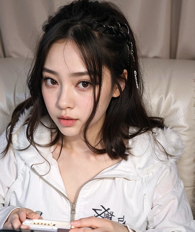 There's a young woman sitting on a couch with a cell phone, Ulzzang, dilraba dilmurat, coreana, Heonhwa Choe, jennie blackpink, Xintong Chen, Sakimichan, cabelo whitebangs cabelo, Wenfei Ye, Yoshitomo Nara, Mulher sul-coreana bonita, o cabelo dela branco