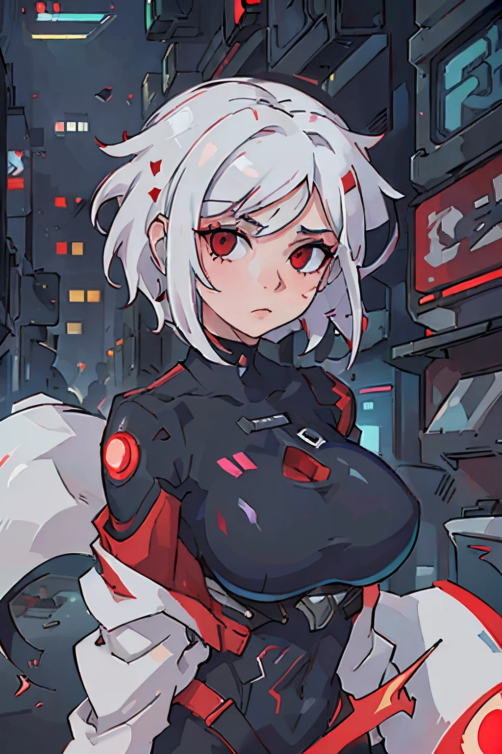 Dark_fancy,cyberpunk, (Best Quality, masterpiece),white,1 woman,mechanical wonder,Robotic presence,Cybernetic guardian,wearing a cyber jacket,city, highest quality digital art, awesome art, 4k wallpaper, Very detailed, military robot,army, war zone,black and white, highest quality digital art, awesome art, 4k wallpaper,8k,64k, High Definition, Incomparable masterpiece, dynamic lighting, cinematographic, epic, damaged mechanical parts,; a girl with huge breasts