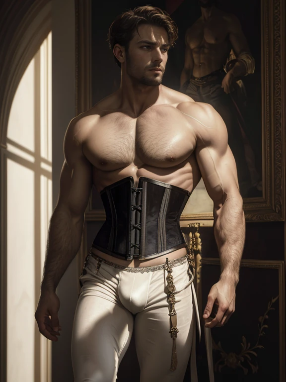 oil painting, oil on canvas ((a shirtless man wearing a corset)), chest, abs, ((white Briefs, bulge)) by Alexandre Cabanel, by Andreas Achenbach, light and shadow, Chiaroscuro mood, masterpiece w 1024, ((velvet drapery background)), Fresco Style, Baroque style,