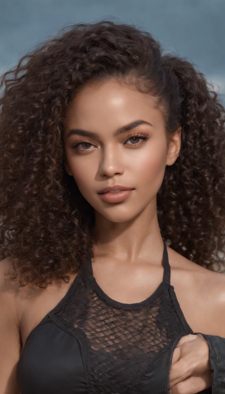 ((Dark mixed-race skin, )), ((Its beauty undeniable)), ((Excited cute face)), ((Hyper detailed perfect eyes,)), ((pose mignonne)), ((Langue sortie)), ((Seductive )), sexy, (( Tight mesh shirt, shorts courts sexy)), ((Afro ponytail with long African curly hair,)), (( peau)), ((debout, vue de face)), ((toucher ses propres jambes dans une pose sexy)), ((dehors, Plage publique)), (( very sexy)),Sharp Focus CGI, photoreallistic, High detail, Realstic, Masterpiece, absurdes, Best quality, Hdr, High quality, high-definition, Extremely detailed, 8k wallpaper, Intricate details, 8K UHD, Full-HD, (photo realist:1.2), contraste, intense illumination, lighting cinematic, natural lighting, hard light, contre-jour, Illumination globale, occlusion ambiante