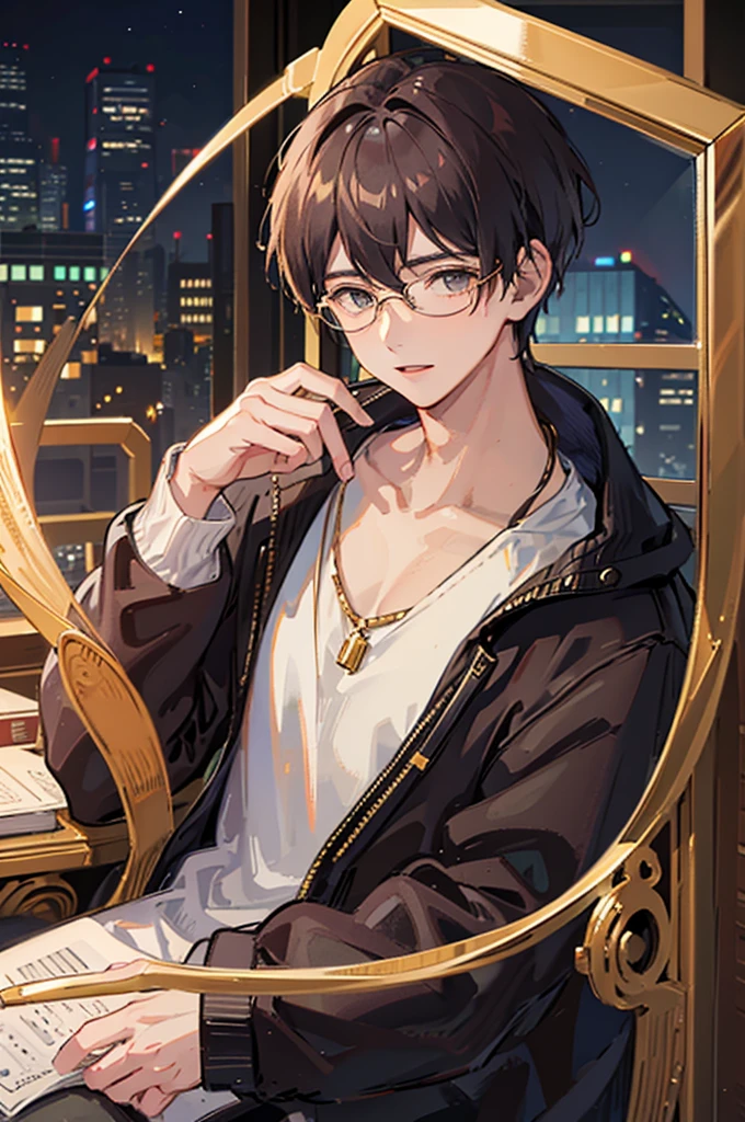 20-year-old male, Sweaters, chest muscle, Gold-framed glasses