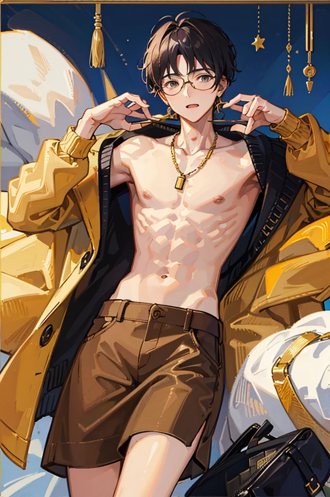 20-year-old male, Sweaters, chest muscle, Gold-framed glasses