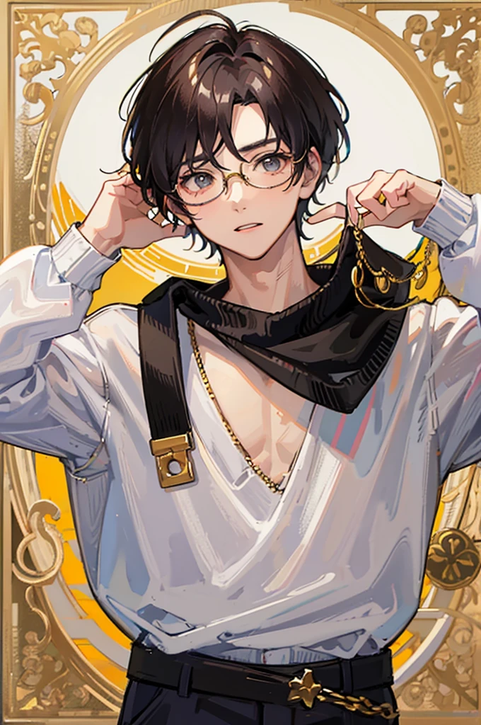 20-year-old male, Sweaters, chest muscle, Gold-framed glasses