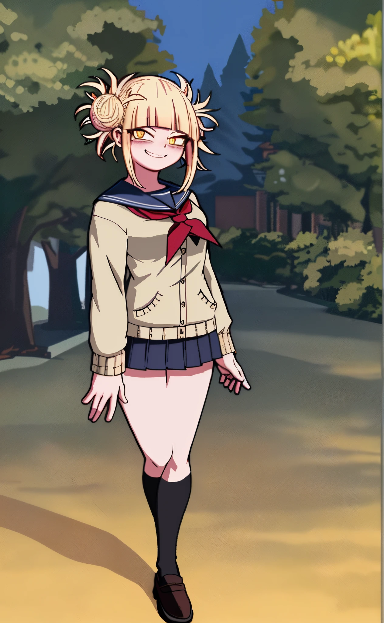 [himiko toga], [Boku no hero academia], ((masterpiece)), ((HD)), ((high res)), ((solo portrait)), ((front view)), ((full body)), ((anime)), ((detailed shading)), ((cel shading)), ((intricate details)), ((horror)), {toga, (slim figure), (blonde hair), cute yellow eyes, (glowing eyes), short eyelashes, (beautiful legs), (blushing), (cute smile)}, {(beige sweatshirt), (blue collar), (red tie), (blue skirt), (black knee-high socks), (brown loafers)}, {(standing), (hand on face), (looking at viewer)}, [Background; (park), (trees), (nighttime), (blue sky), (starry sky), (ambient lighting)]