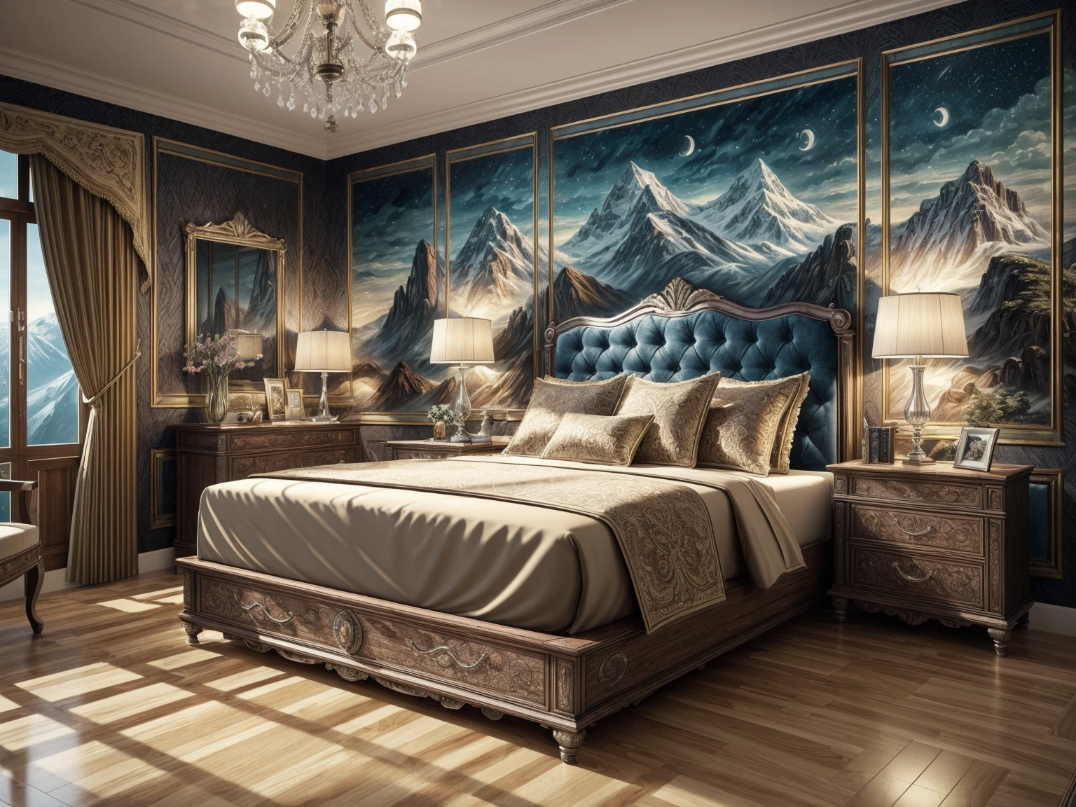 ((best quality)), ((masterpiece)), ((realistic)), (detailed), (photorealistic:1.5); bedroom; Highly detailed; Higher resolution textures;  wall panels; Malaysian TEAK wood; Chesterfield bed; Detailed bed; Table lamp with perfect detailing; 3000 Kelvin Lighting, Painting on wall, painting of mountains; highly detailed painting; masterpiece painting; wide angle fov, night time render; perfectly detailed table lamp; perfectly detailed nightstand; highly detailed bed fabric; perfect detailing on bed; Perfect stitching, Perfectly detailed chandelier with detailed crystals; detailed cushions; detailed stitching on bed; Highly detailed furniture ;4K render