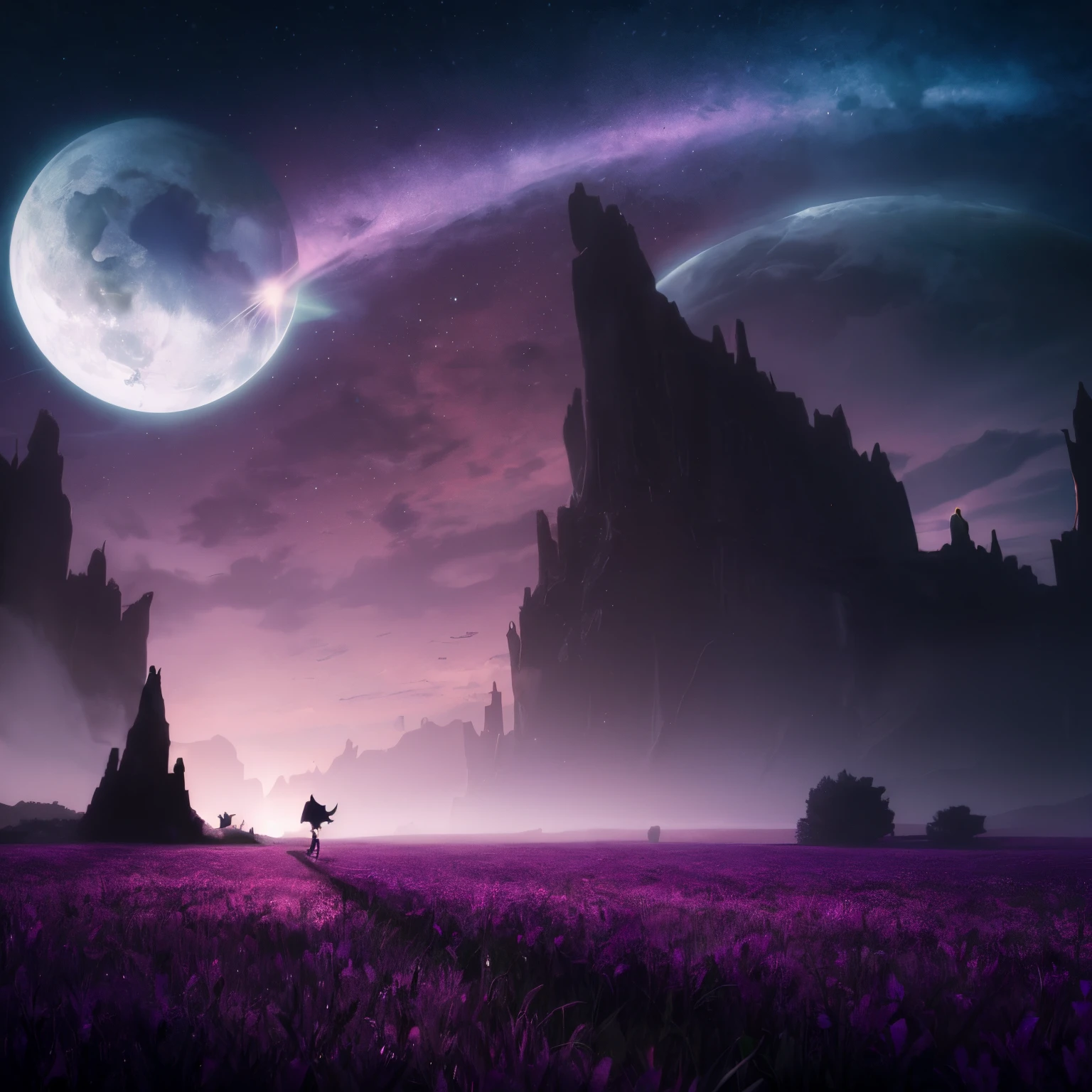 a , standing, hill, field, evening, dark night, purple tones, vector style, minimalist, fantasy style, animation style, disney style, hd, high resolution