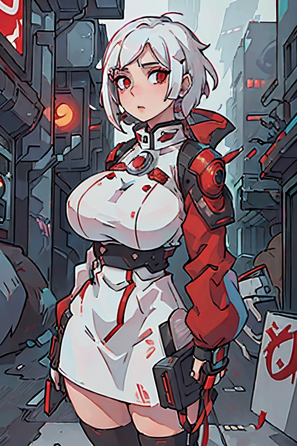 One woman, cyberpunk, short hair, red eyes, white hair, masterpiece, best quality, on a street, huge buildings, futuristic outfit, Jil Valetine, realistic, perfect face