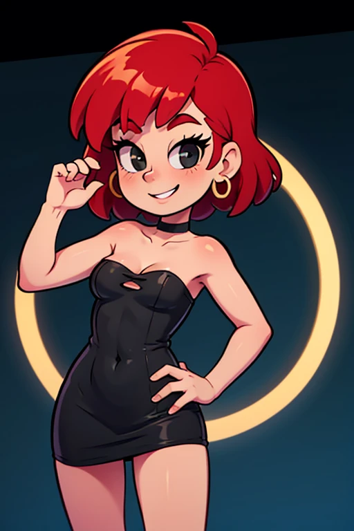 FrankieFoster, FostersStyle, 1 girl, teenage, short red hair, medium hair, bob hair, black eyes, smile, little black dress, strapless dress, bodycon skin-tight dress, black choker, gold hoop earrings, standing, hand on a hip, cowboy shot, disco lighting background.